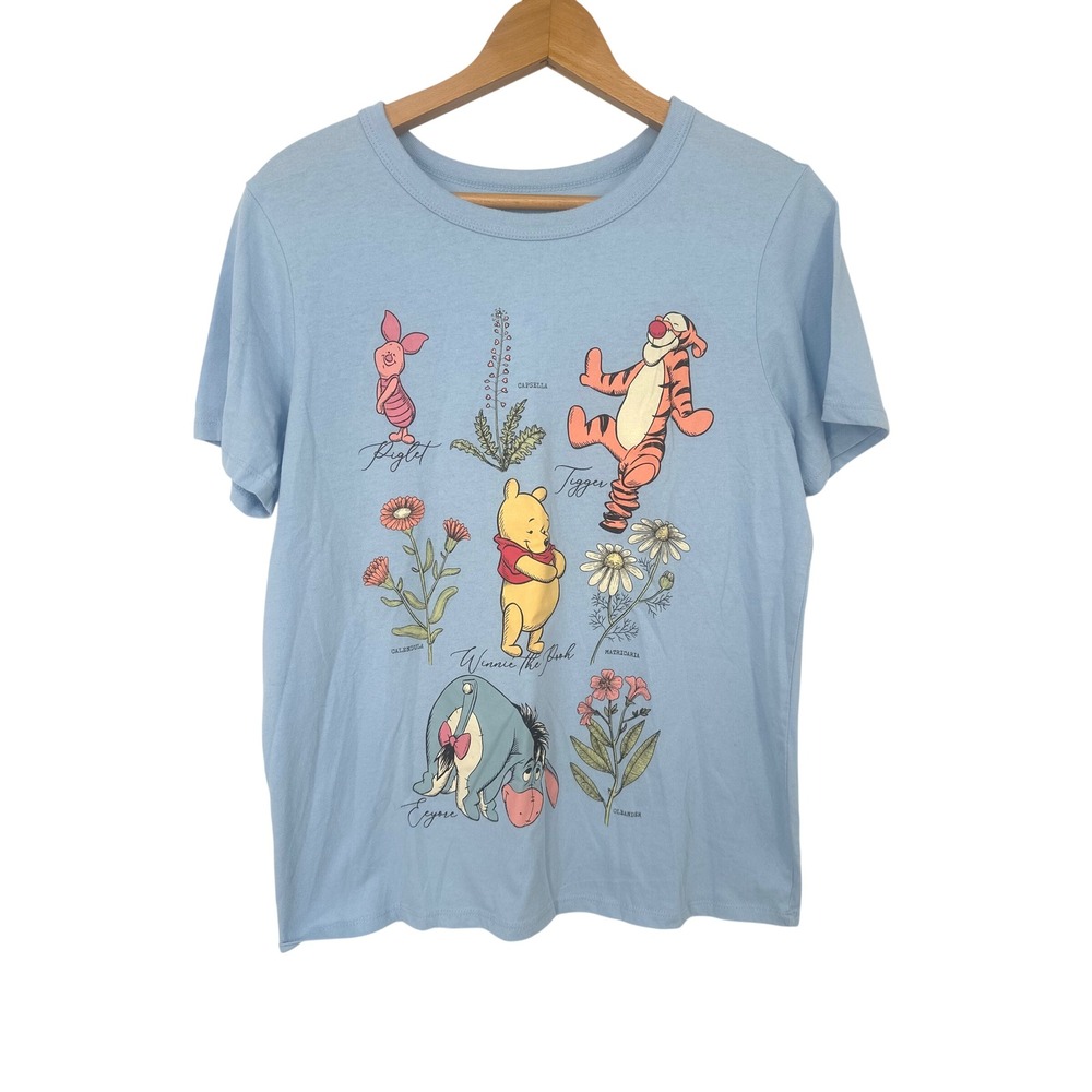 Disney Winnie the Pooh T-Shirt Women M Blue Graphic Characters Floral Botanical - Picture 1 of 6